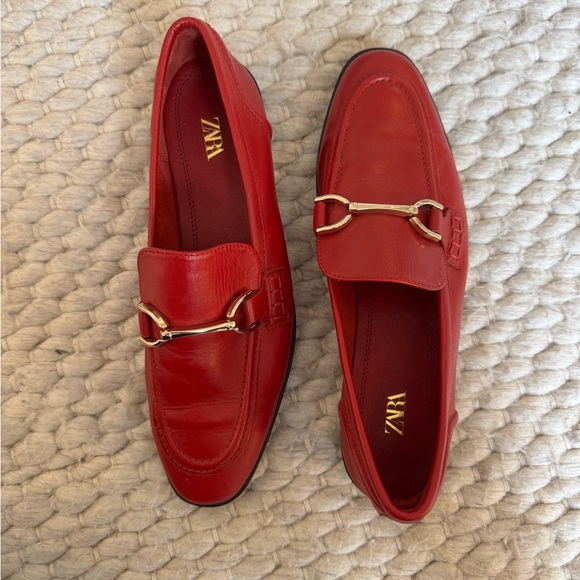 Zara Shoes - Zara Red Leather Loafers with Gold Accent